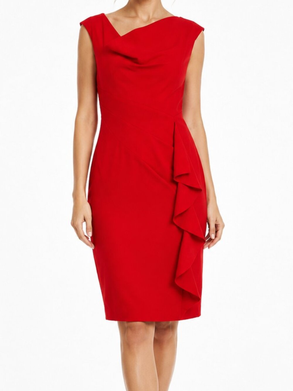 Calvin Klein Red Asymmetrical Ruffle Sheath Dress, Small Petite